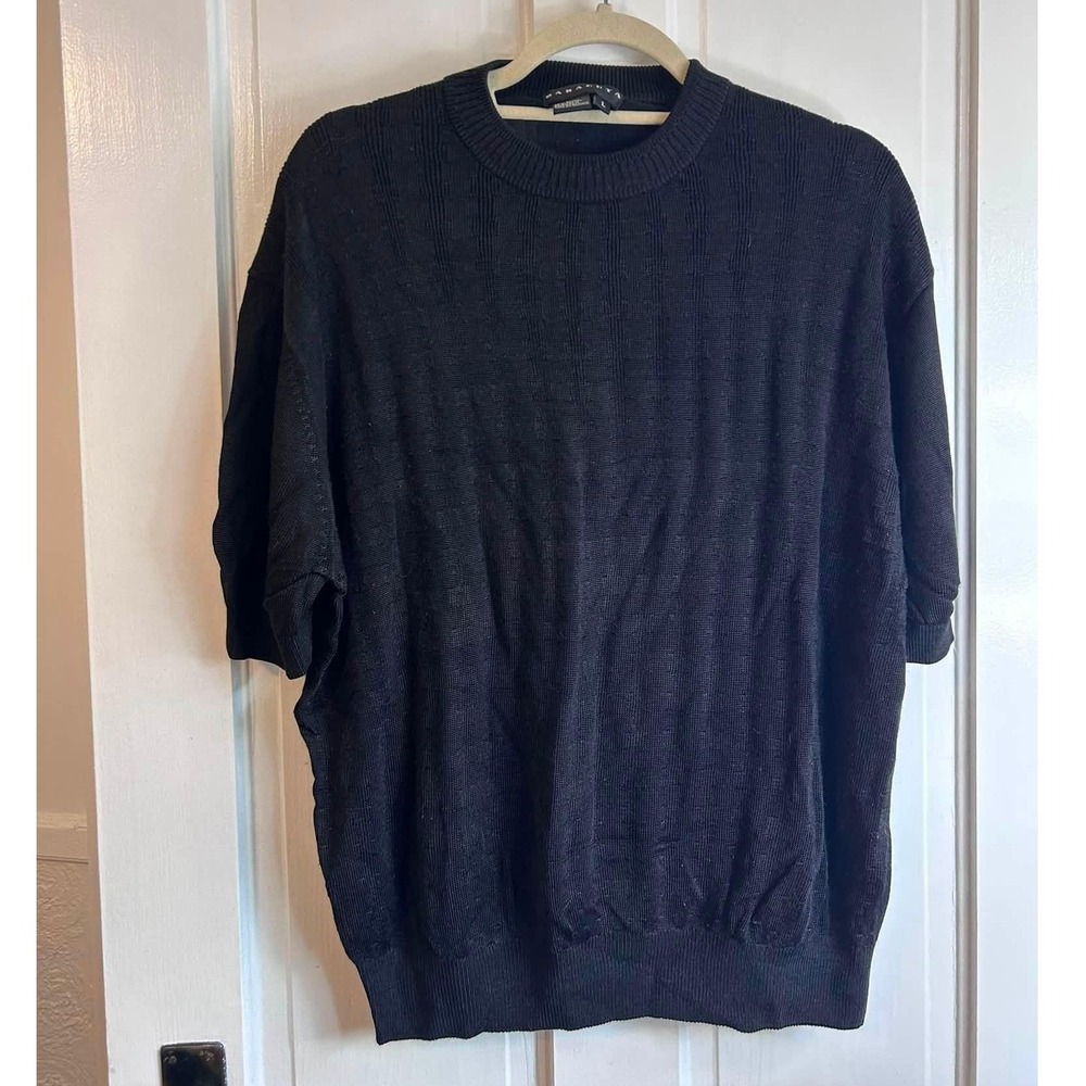 Baracuta Knit Sweater Mens Large Black Short Sleeve Textured Crew Neck Ribbed